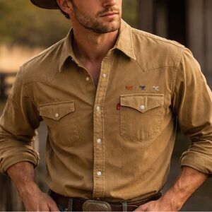 Levi’s Western Snap Shirt XXL Tan Fly Fishing Lures Embroidered Cotton Workwear